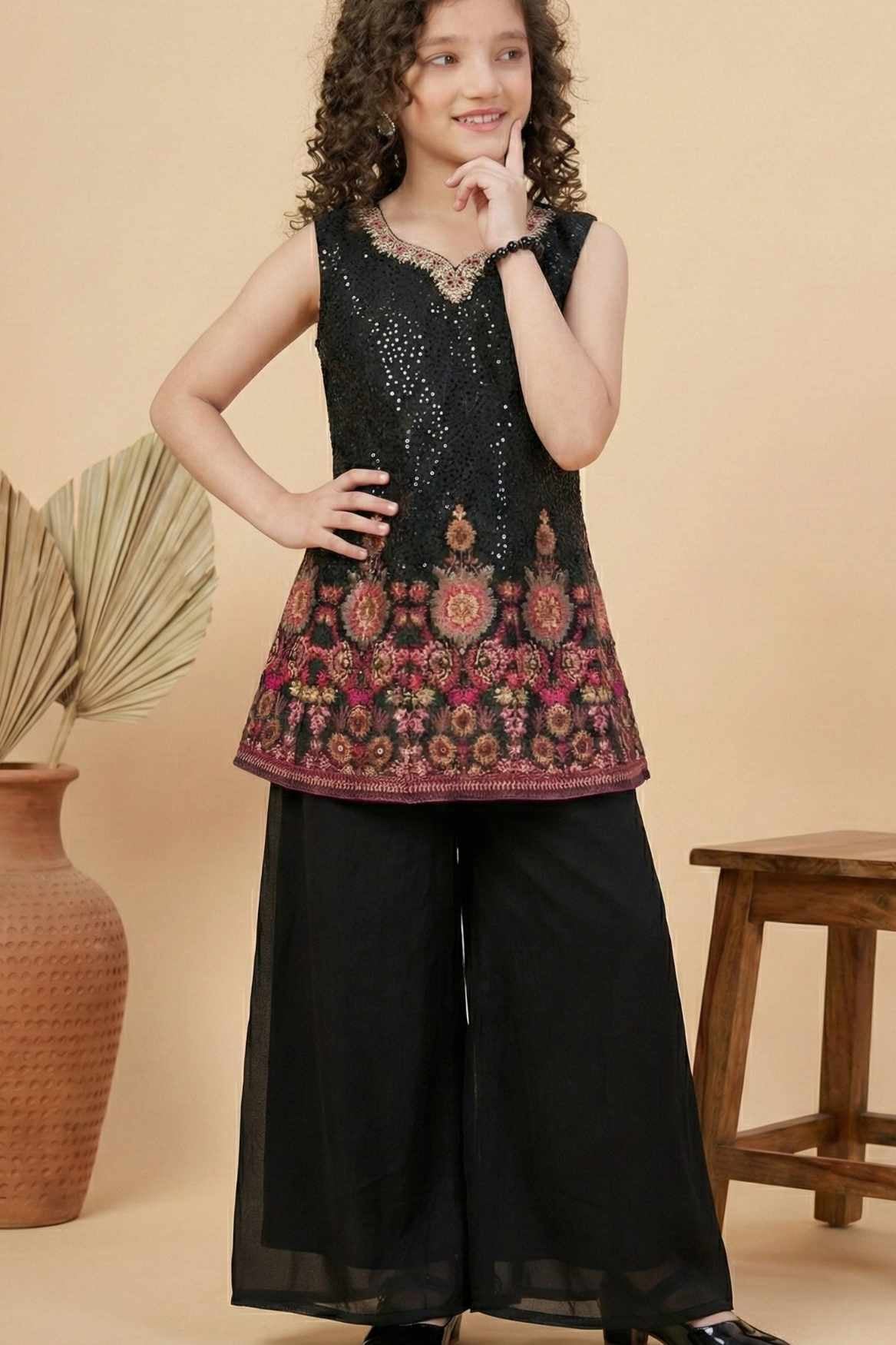 Black Sequin Embroidered Palazzo Set with Dupatta For Girls