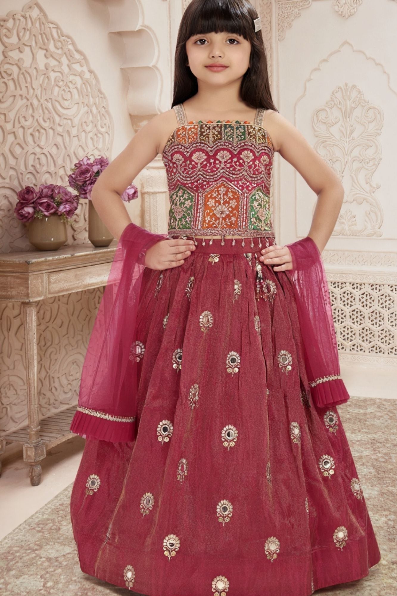Pink Embroidered Lehenga Choli Set for Girls