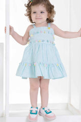 Sea Green Striped Cotton Casual Wear Frock For Girls