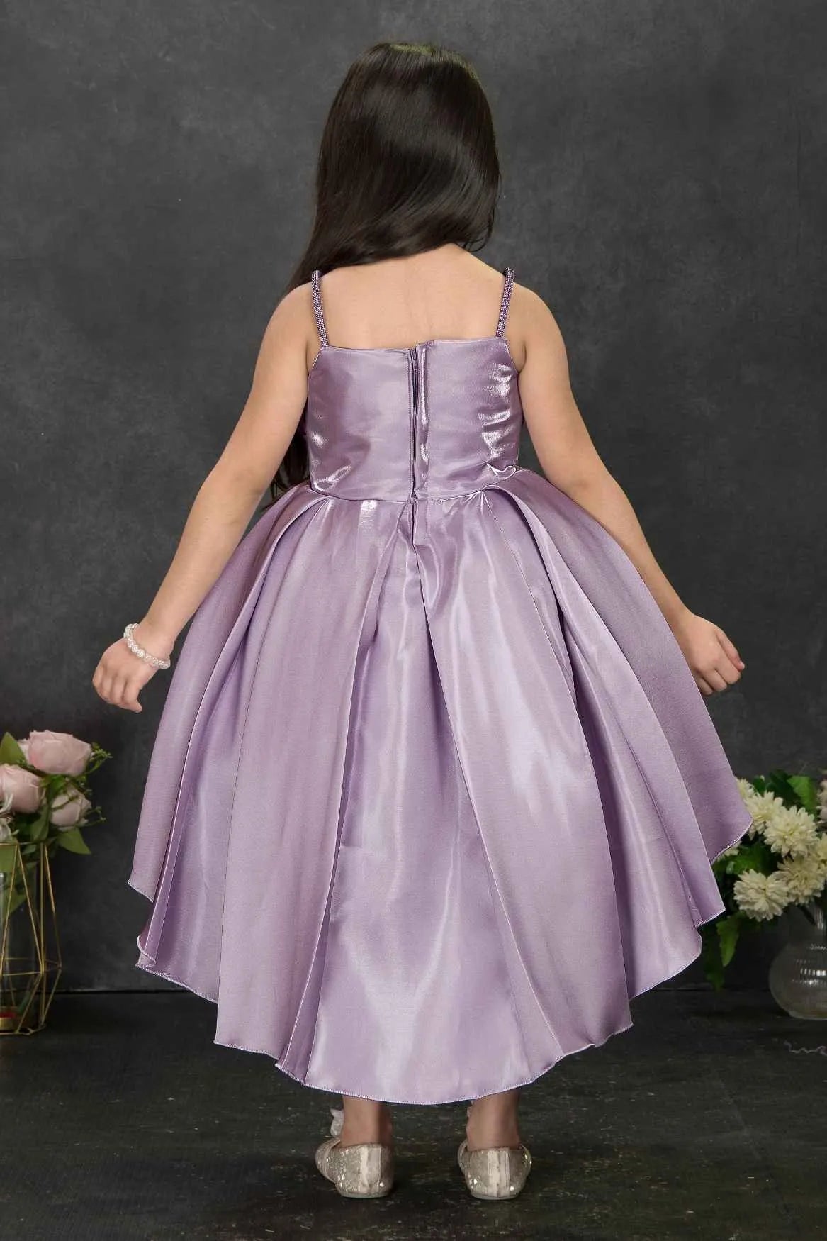 Lavender High-Low Party Frock with 3D Floral Bodice For Girls