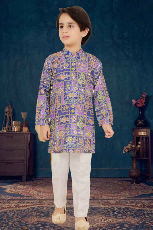 Purple Jaipuri Printed Kurta And White Bottom Set For Boys