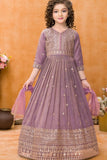 Lavender Embroidered Long Ethnic Gown with Dupatta For Girls