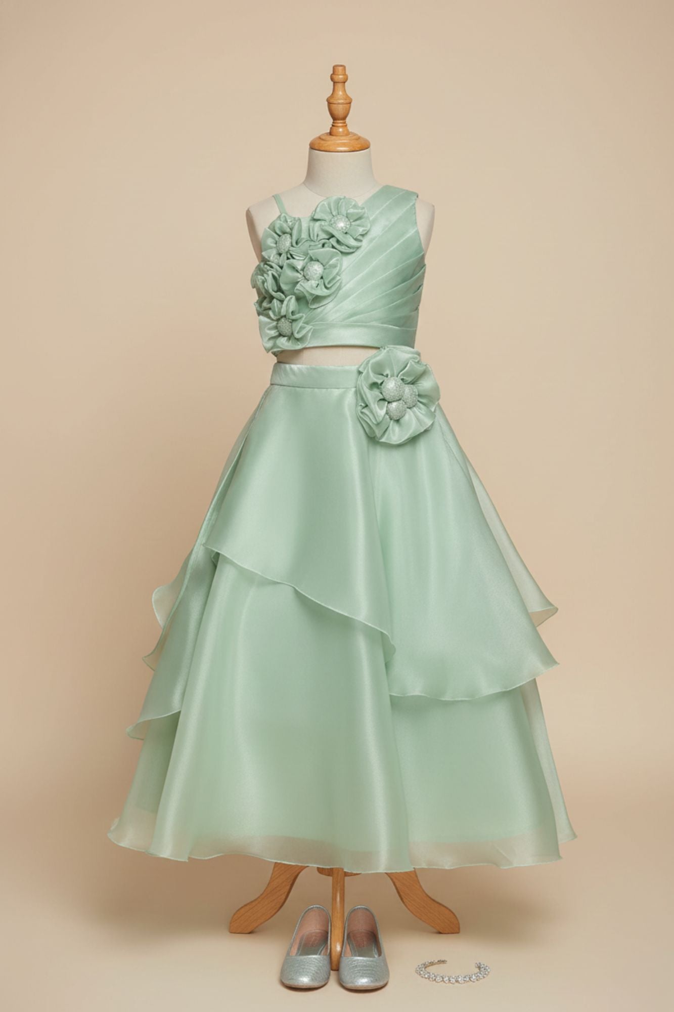 Pista Green Organza Lehenga Choli And Dupatta For Girls