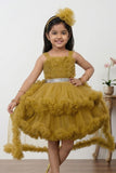 Girls Mustard High-Low Party Frock with Ruffled Layers And Embellished Waistbelt