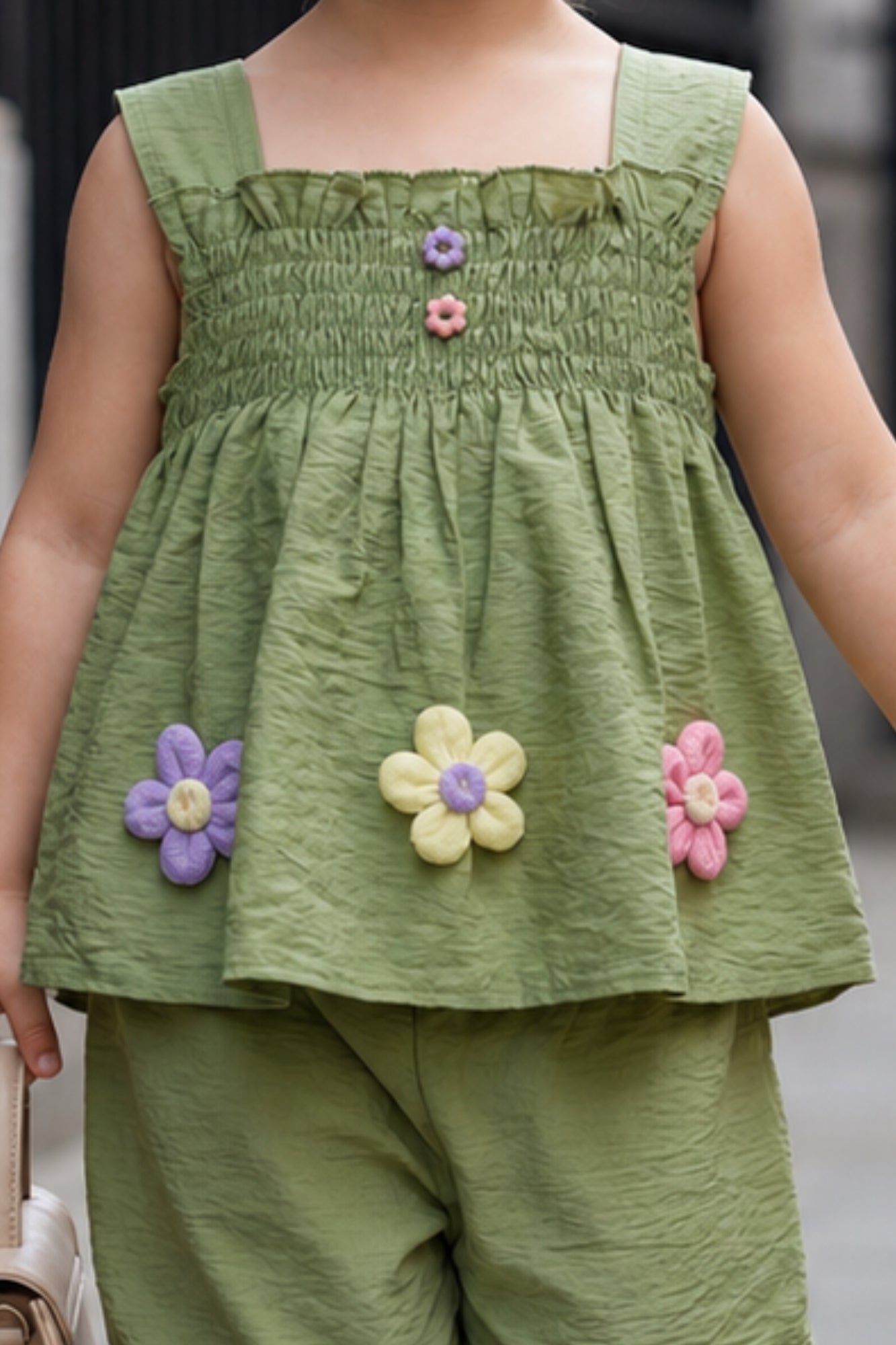 Olive Green Floral Appliqué Top and Capri Co-Ord Set With Floral Applique
