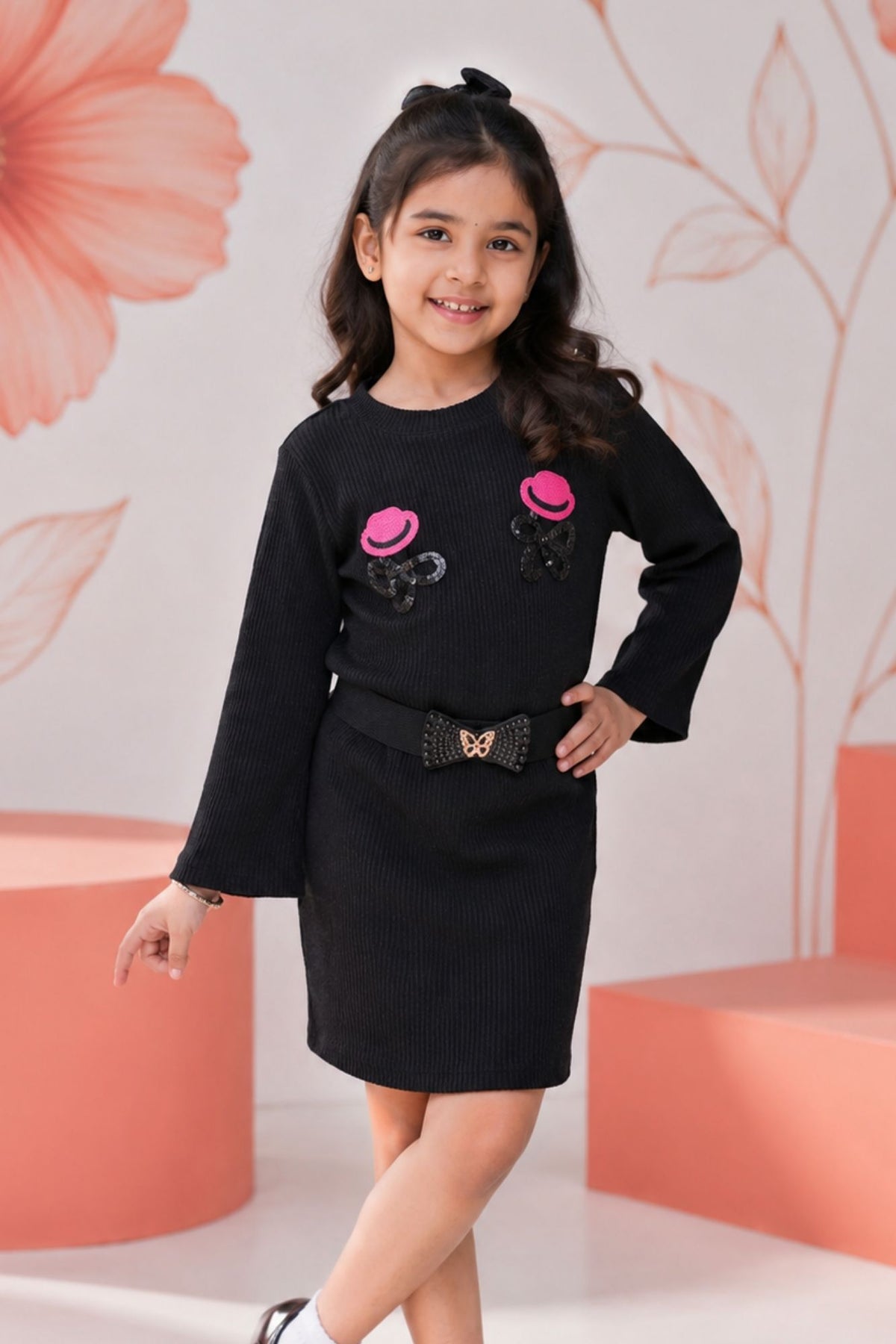 Black Embroidered Top & Skirt Co-ord Set For Girls