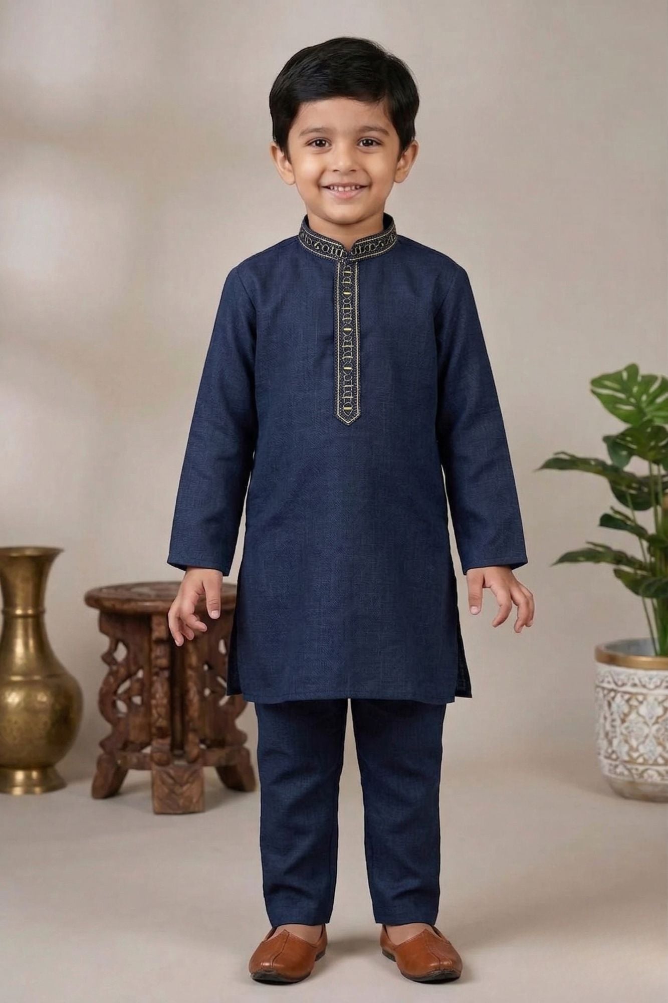 Navy Blue Embroidered Linen Kurta Set For Boys
