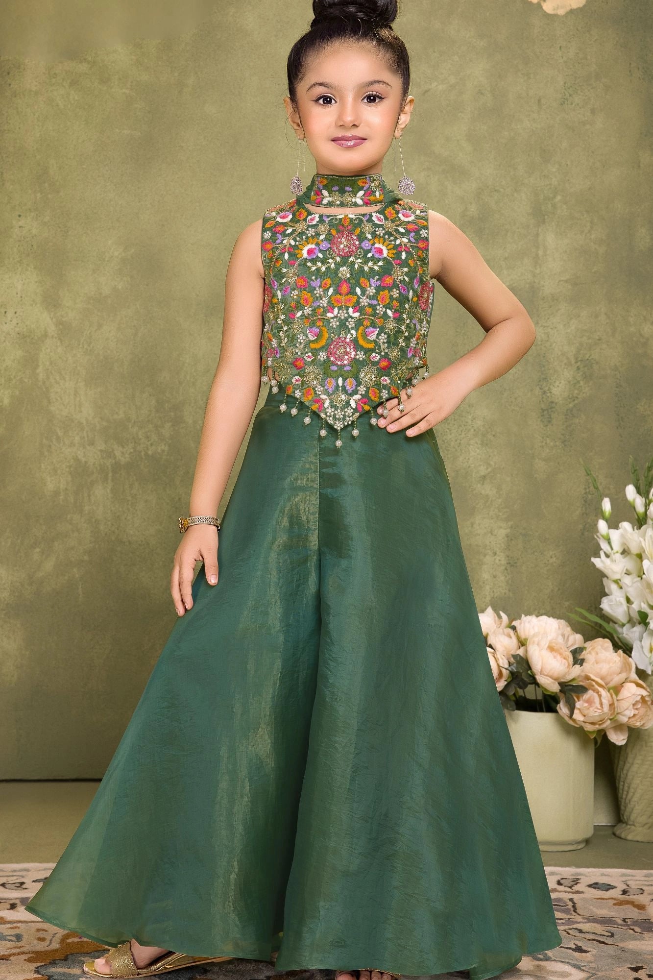 Green Sequins Work With Thread Embroidery Palazzo Set for Girls