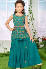 Rama Green Sleeveless And Floral Printed With Embroidered Palazzo Set For Girls