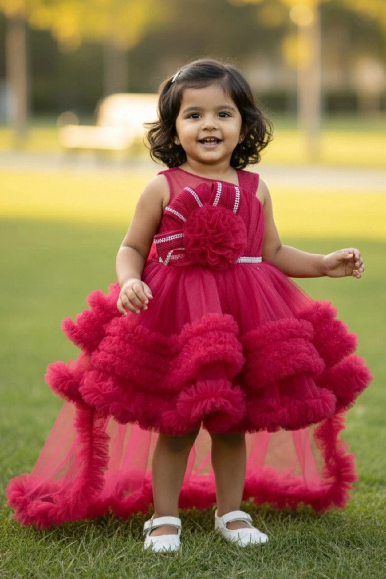 Pink Party Frock with Ruffled Layers and Statement Bow and Tailback For Girls