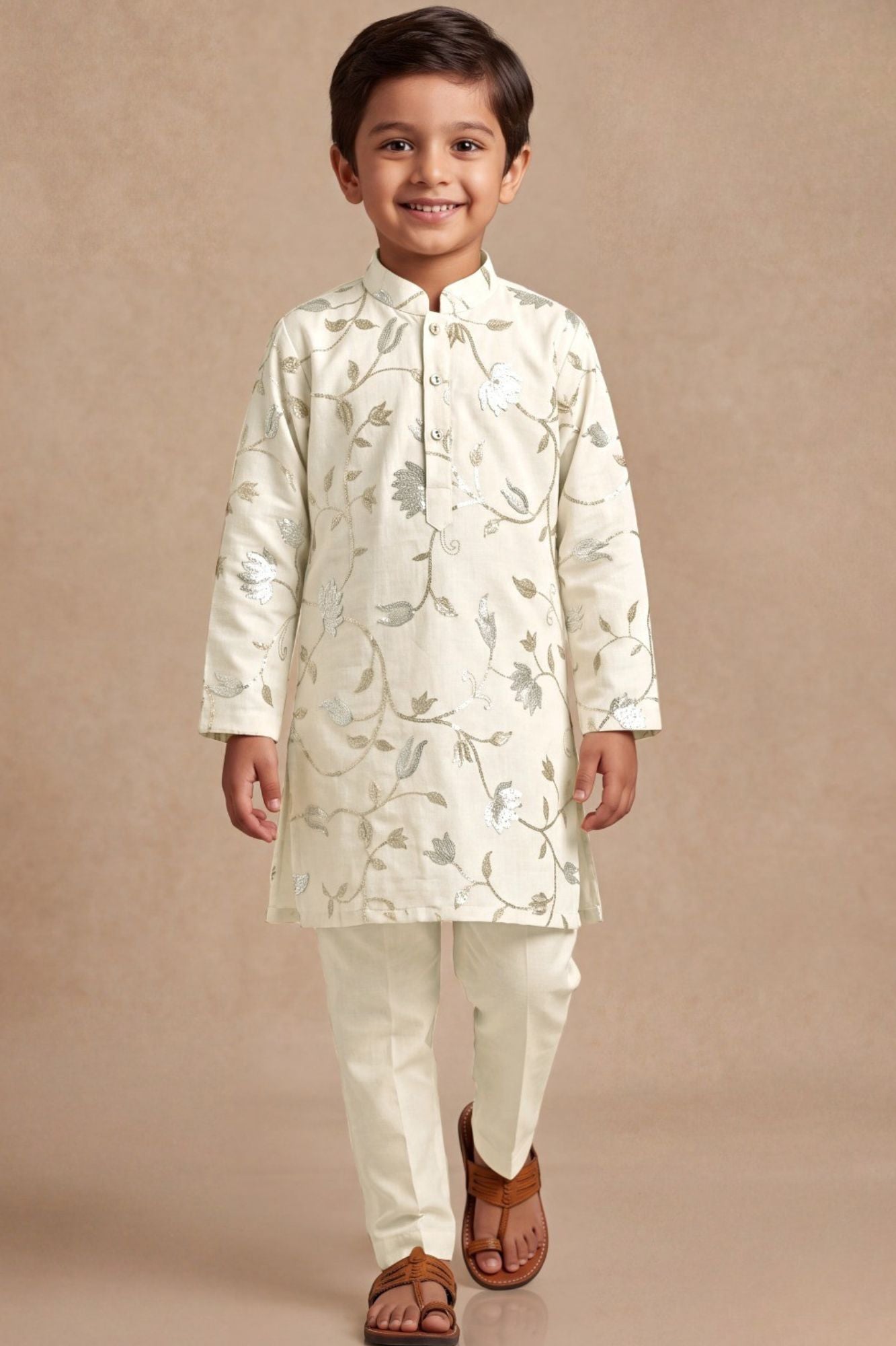Boys Cream Kurta Pajama Set with Floral Gota Patti And Sequin Work