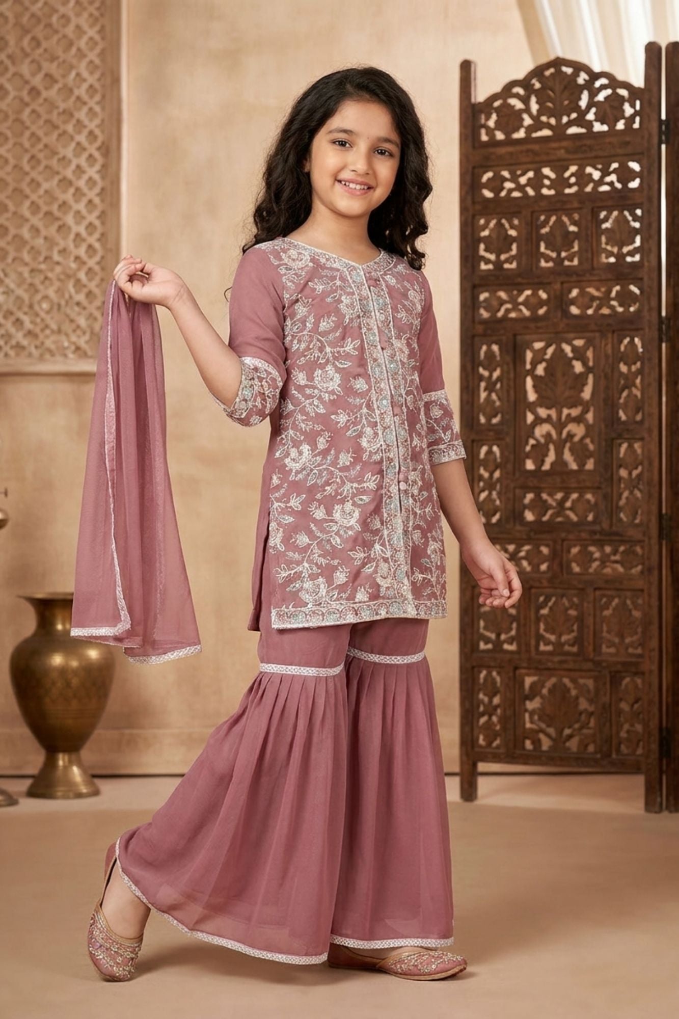 Mauve Thread Embroidered Short Kurti with Sharara and Dupatta For Girls