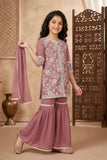 Mauve Thread Embroidered Short Kurti with Sharara and Dupatta For Girls