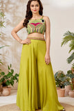 Lime Green Palazzo Set with Hand-Embellished Beaded Crop Top For Girls