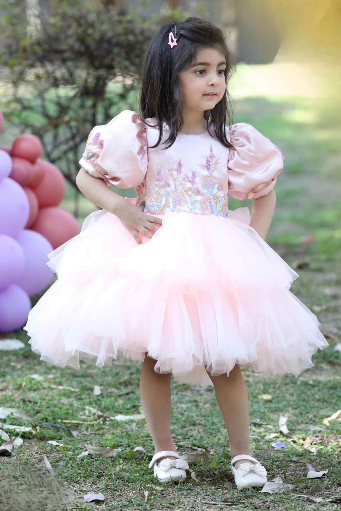 Peach Sequins Worked Party Wear Frock For Girls