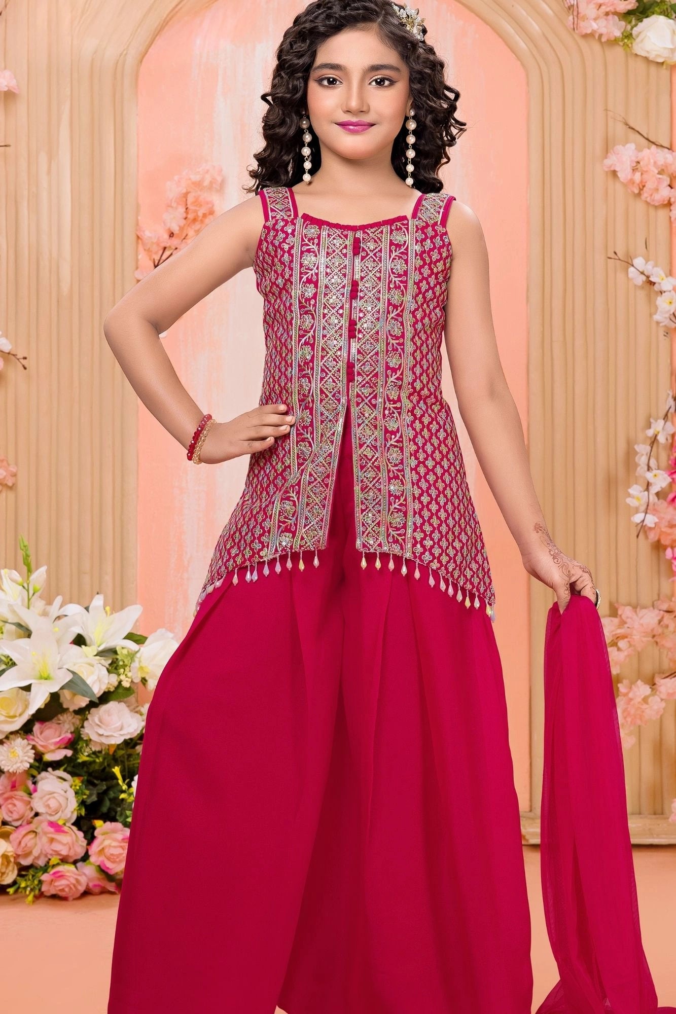 Pink Embroidered Palazzo Set for Girls