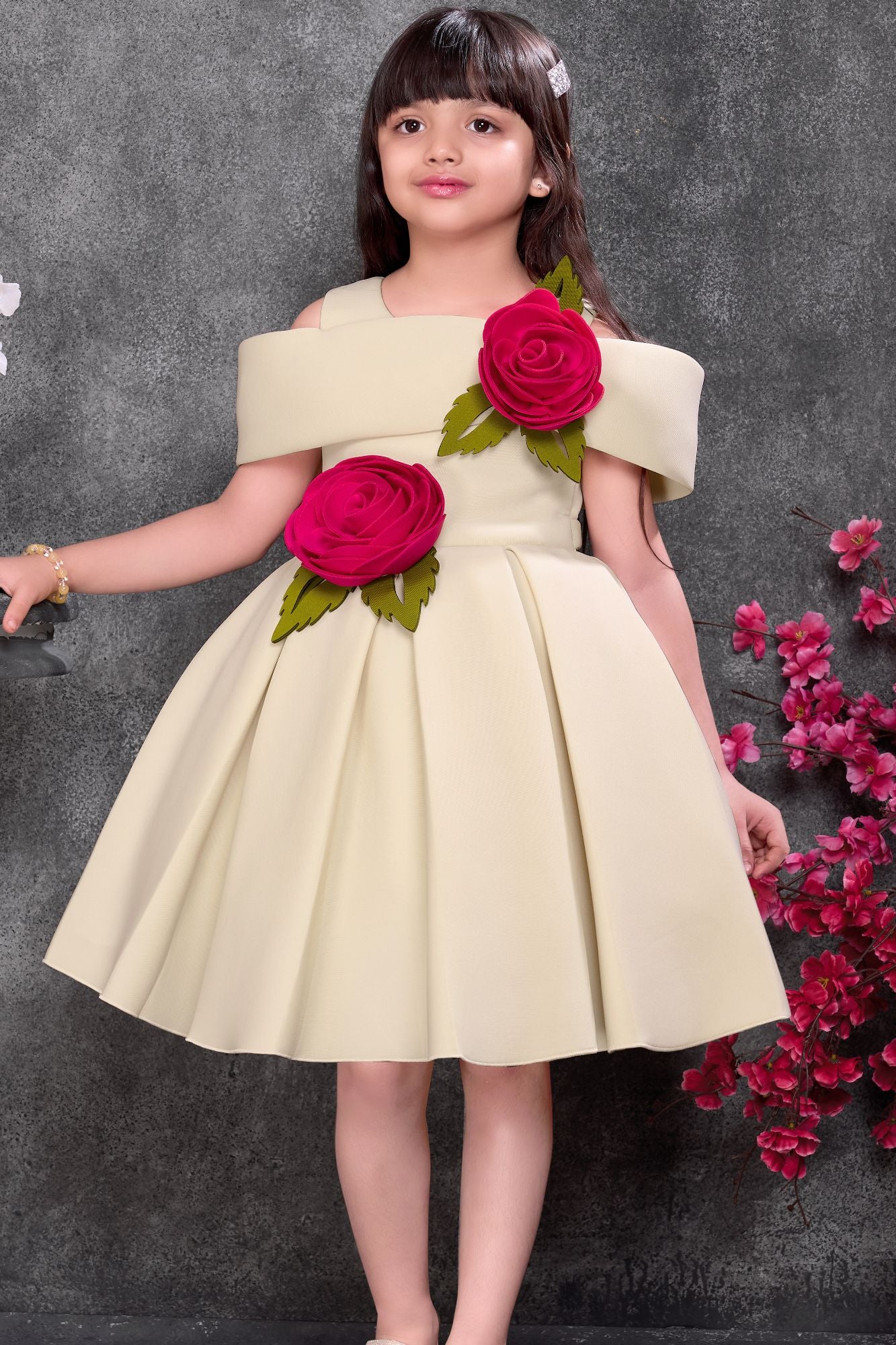 Beige Off-Shoulder 3D Rose Appliqué Party Wear Frock For Girls