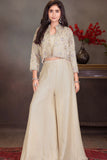 Cream Embroidered Palazzo Set with Crop Top & Jacket For Girls