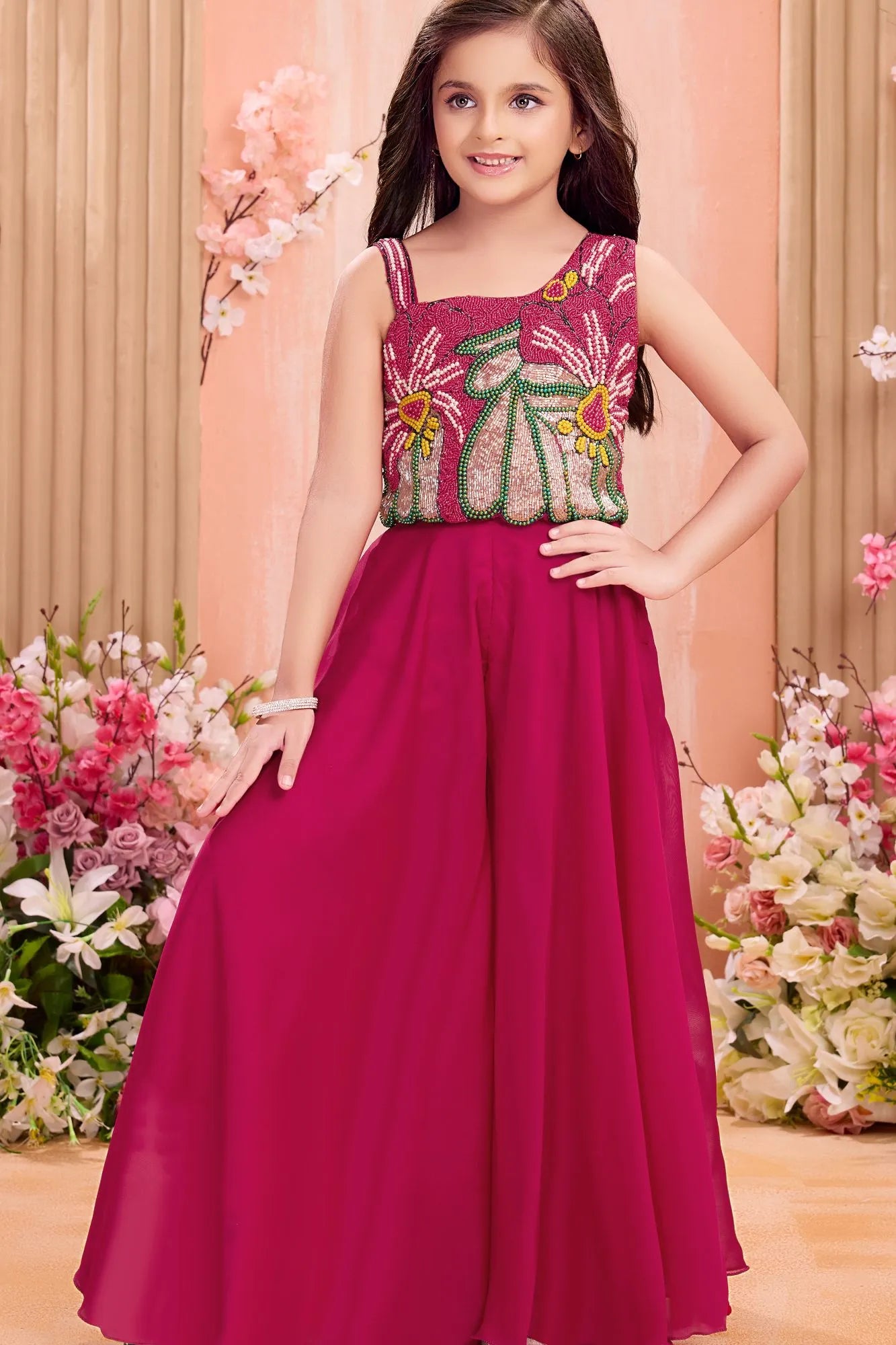 Bright Pink Bead Embroidered Palazzo Set For Girls