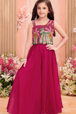 Bright Pink Bead Embroidered Palazzo Set For Girls