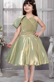 Shimmery Green One-Shoulder Party Wear Frock With Draped Detail For Girls