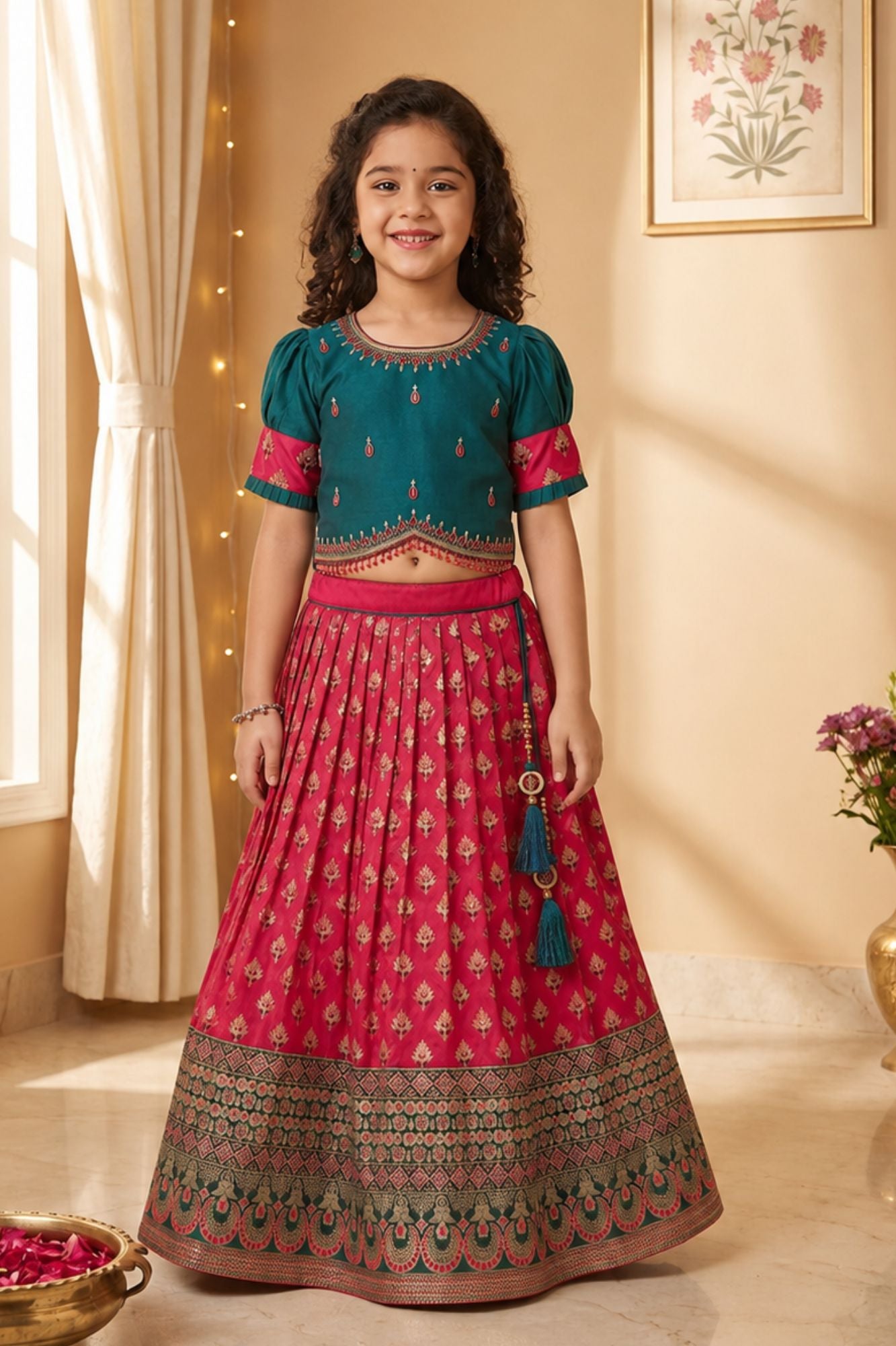 Girls Teal Green and Rani Pink Pattu Pavadai Set