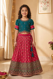 Girls Teal Green and Rani Pink Pattu Pavadai Set