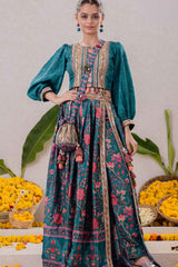 Teal Blue Sequins Embroidered And Floral Printed Lehenga Choli Set With Potli Bag For Girls