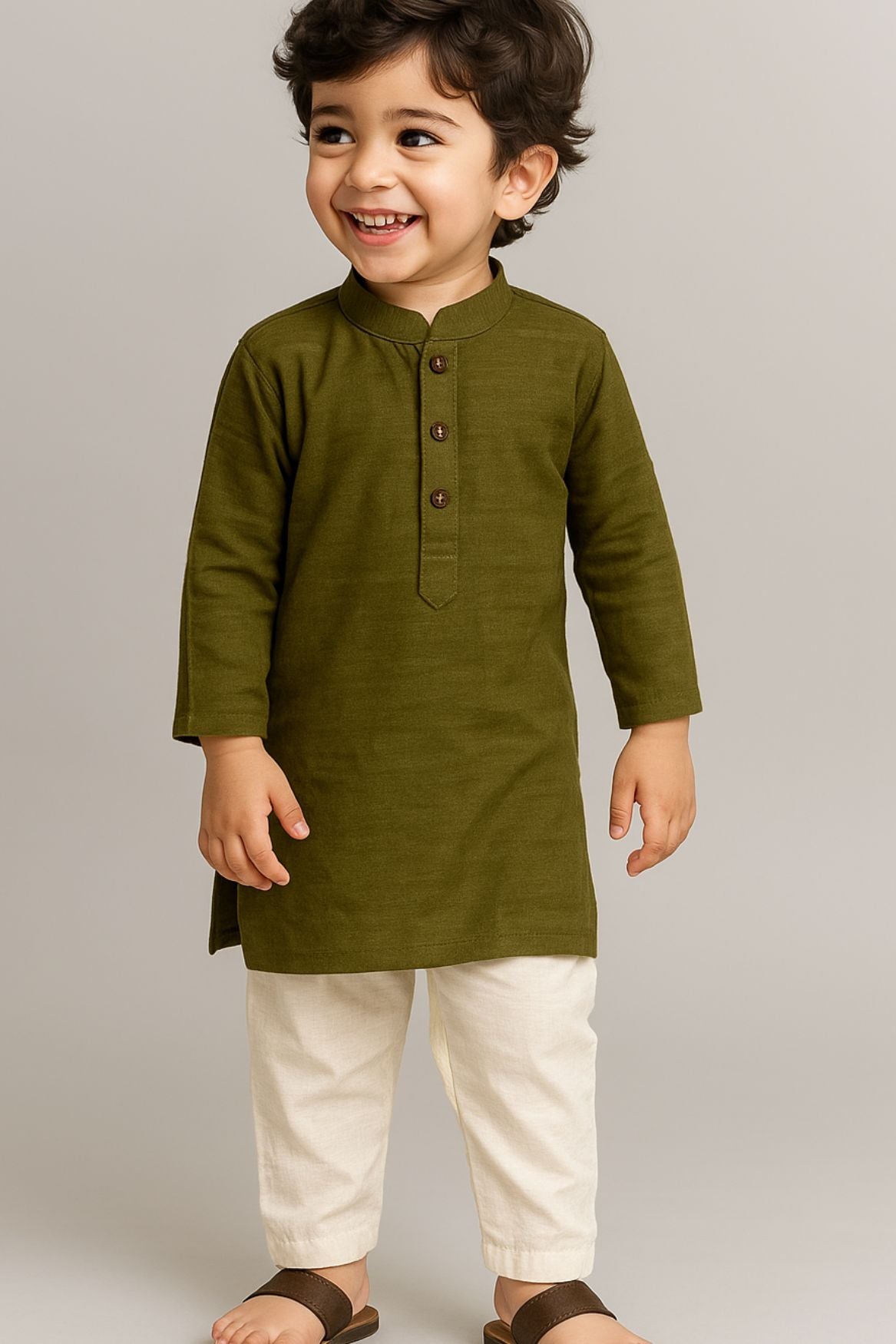 Olive Green Kurta Set With Off White Pants For Boys