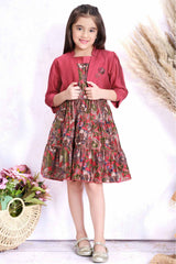 Maroon Floral Printed Frock With Waist Coat For Girls