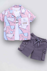 Pink Printed Shirt And Shorts Set With White T-shirt For Boys