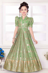 Ethnic Pista Green Puff Sleeves With Mirror Embroidered Gown For Girls