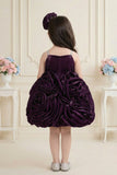 Wine 3D Rosette Appliqué Party Wear  Frock For Girls