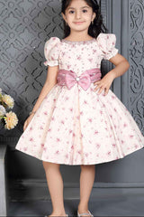 Pink Printed Frock With Bow Embellished For Girls