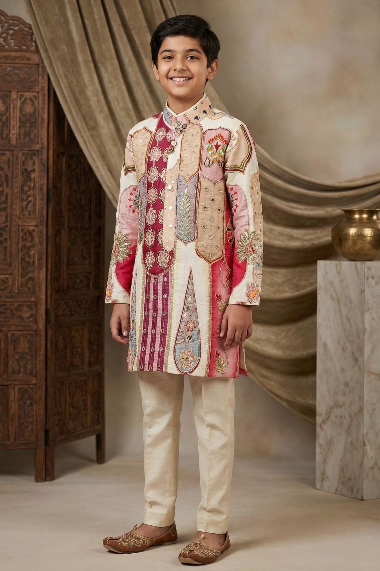 Ivory Mirror Embroidered Kurta Set With Pajama For Boys