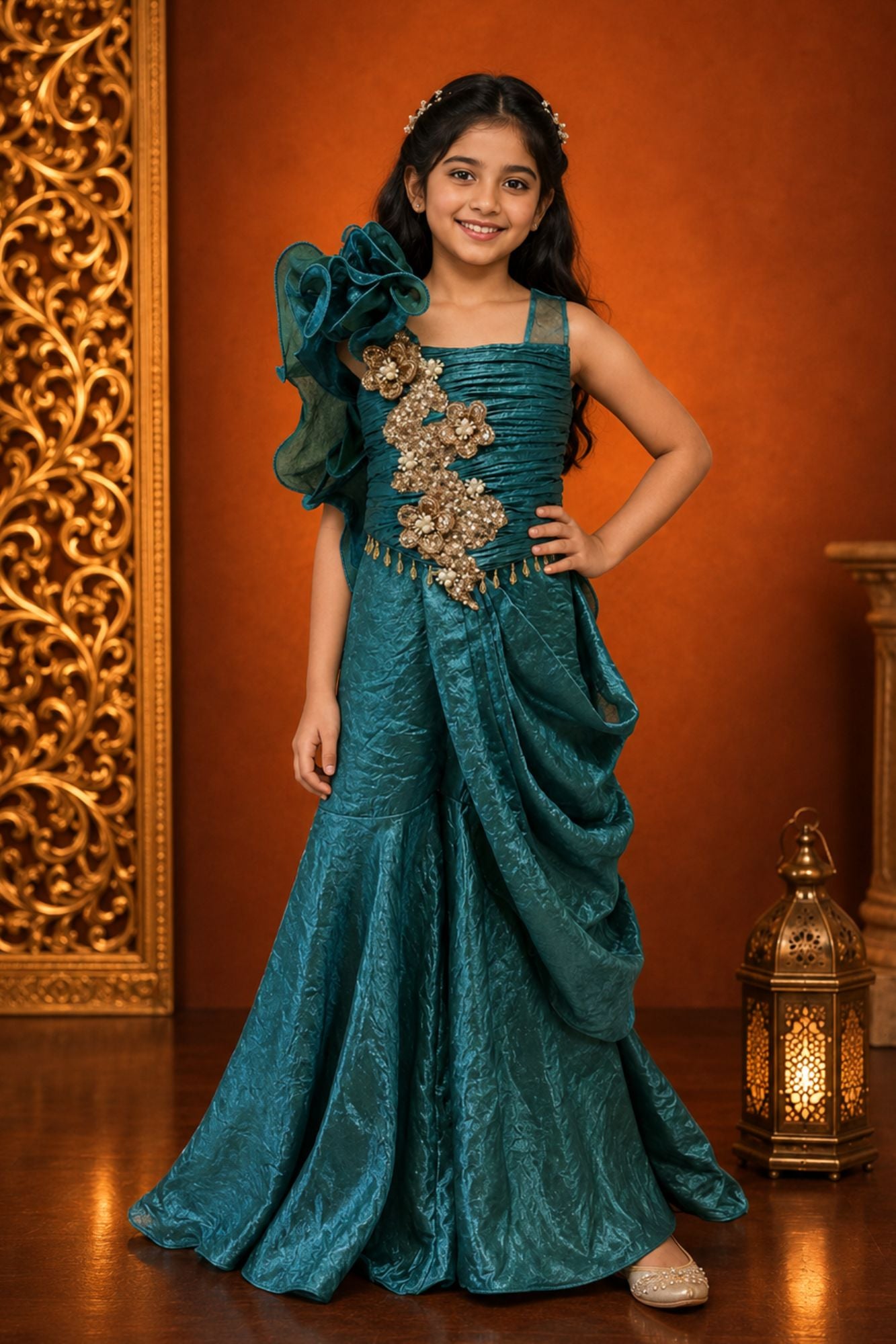 Girls Teal Green Sequin Embellished Draped Sharara Set