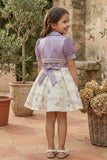 Cream Floral Party Frock with Lavender Bead-Work Shrug & Bow Waist Accent For Girls