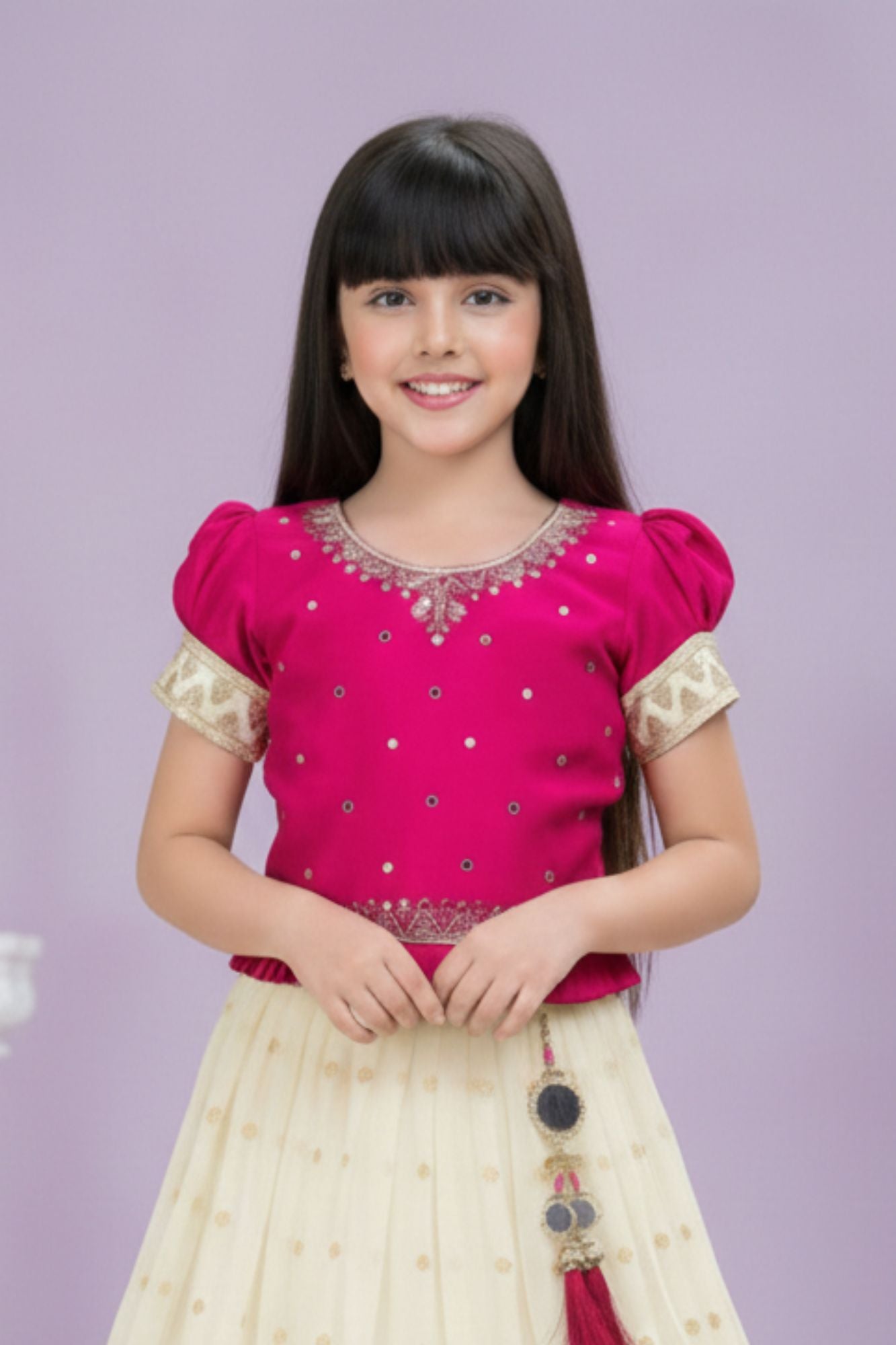 Magenta Embroidered Silk Pattu Pavadai with Puff Sleeves For Girls