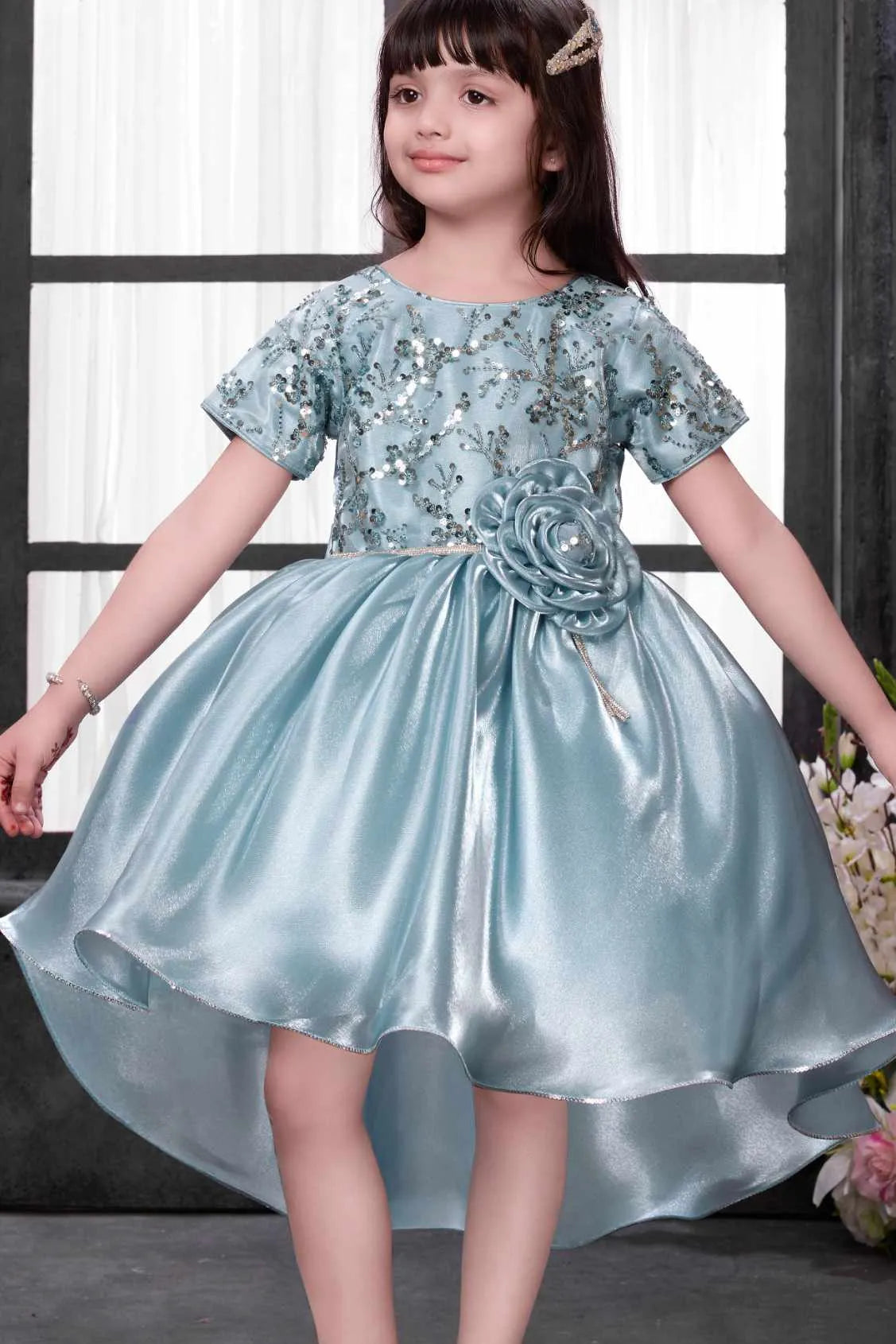 Ice Blue Sequin Party Frock For Girls