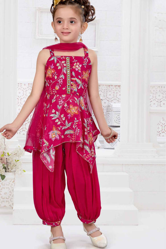 Rani Pink Printed, Embroidered And Sequined Kurta With Harem Bottom For Girls