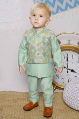 Pista Green Full Sleeve Kurta Set With Sequins Worked Waist Coat For Boys