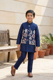 Designer Navy Blue Kurta Pajama Set With Floral Embroidery For Boys