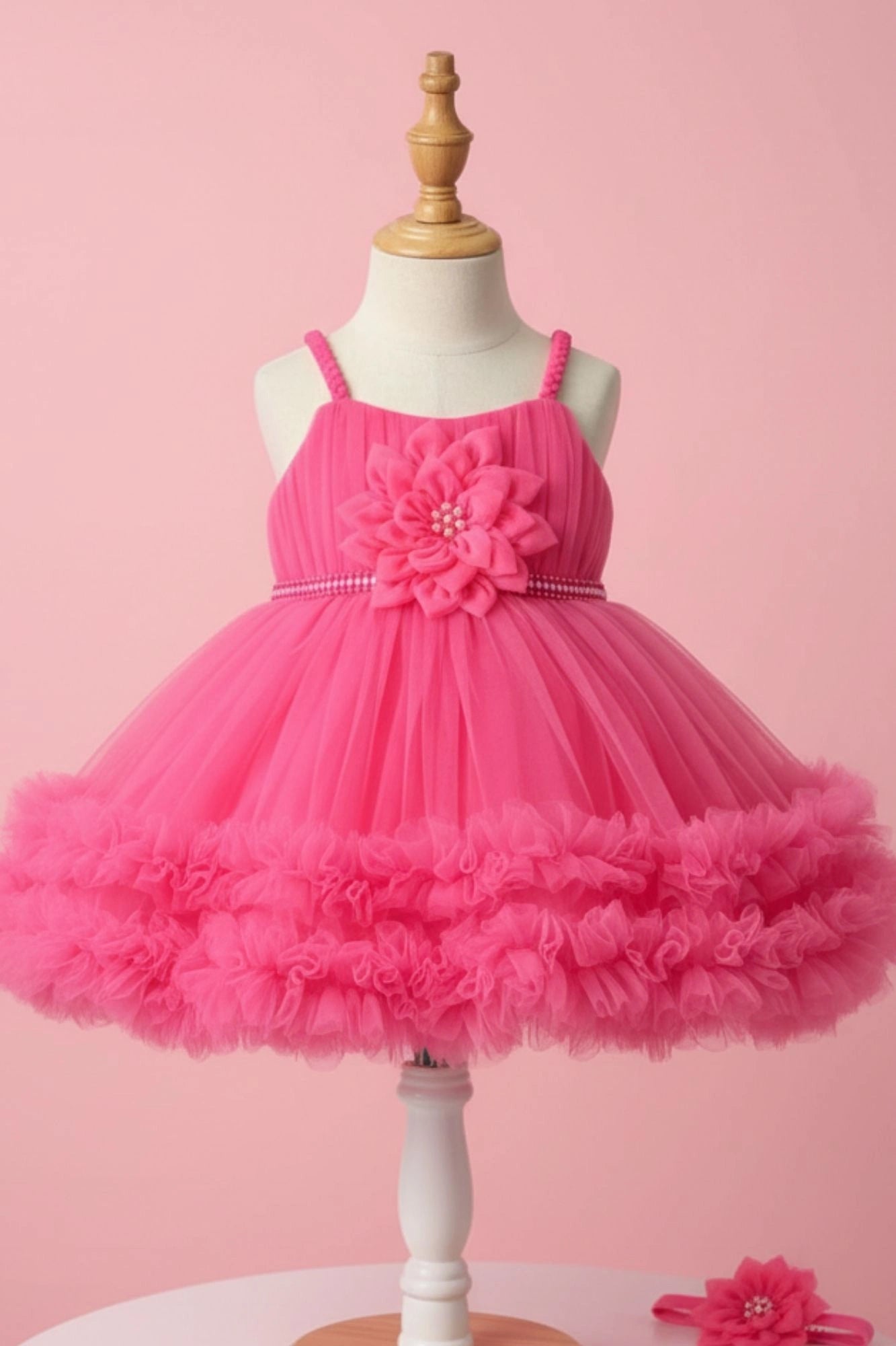 Pink Net Party Wear Frock with 3D Flower & Ruffle Hem For Girls