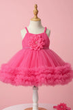 Pink Net Party Wear Frock with 3D Flower & Ruffle Hem For Girls