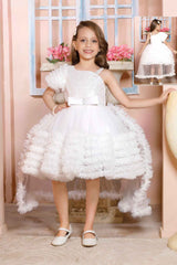 White Sequins Work With Bow Embellished Party Wear Tailback Frock For Girls