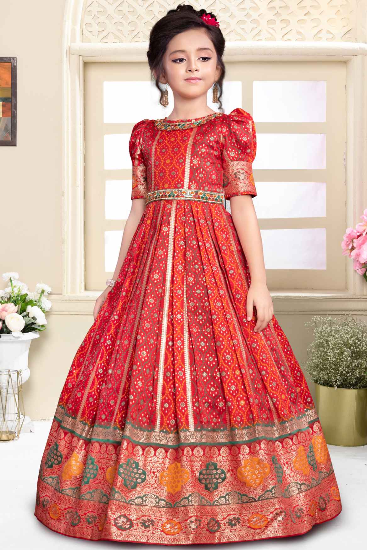 Red Jacquard Woven Traditional Ethnic Gown For Girls Lagorii Kids Red Jacquard Woven Traditional Ethnic Gown For Girls Lagorii Kids