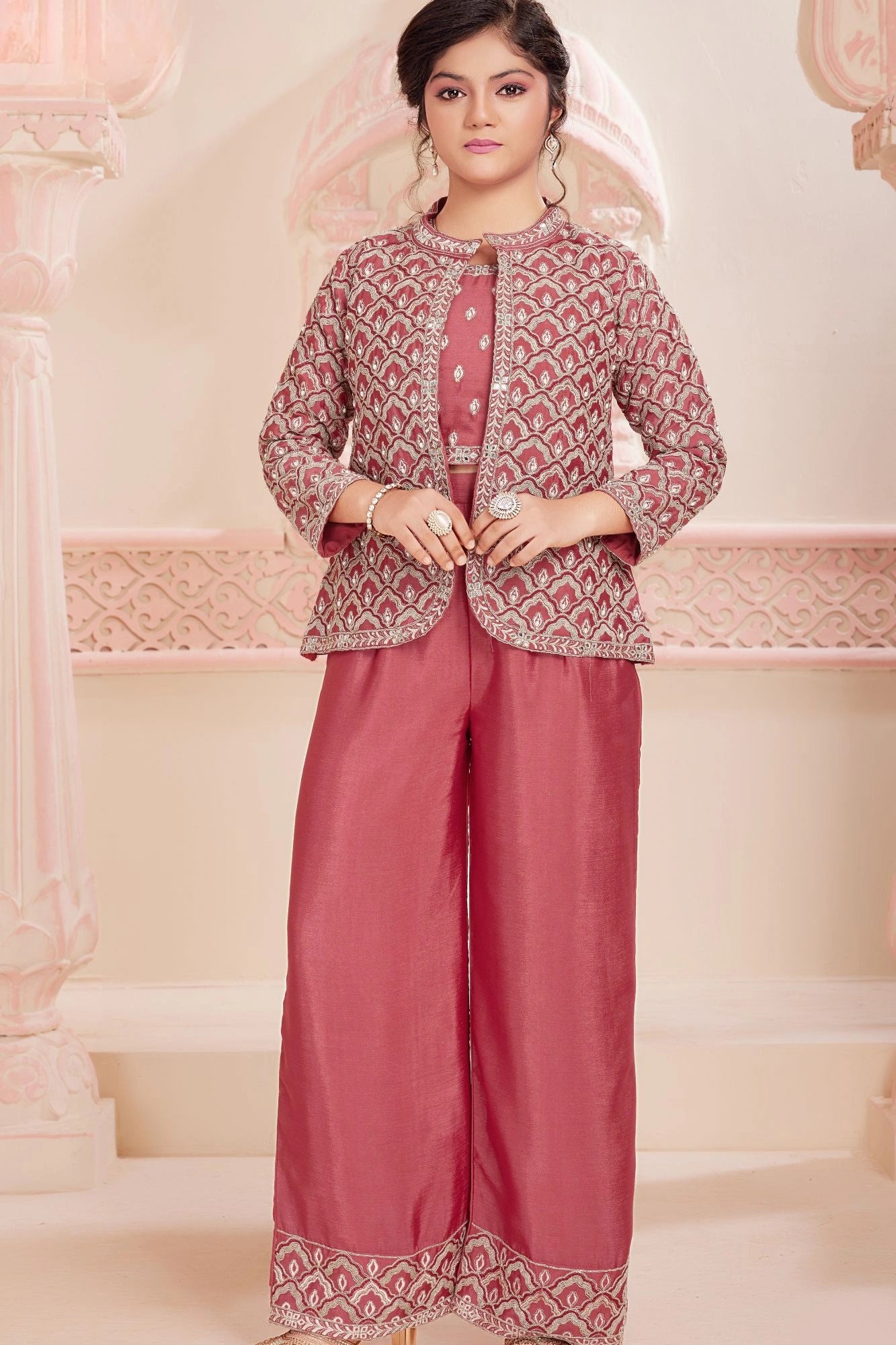 Maroon Embroidered Jacket Palazzo Set For Girls