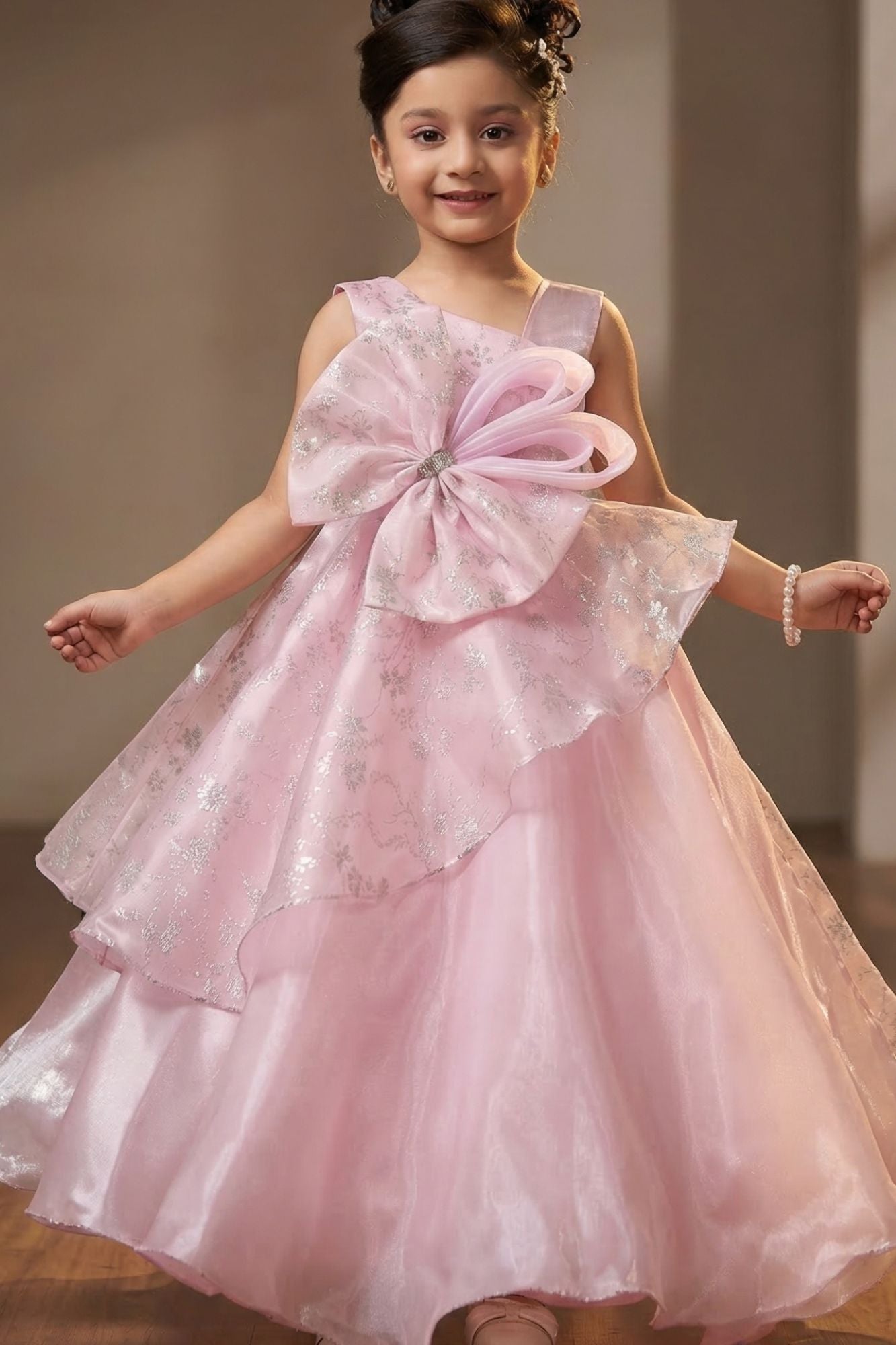 Girls Baby Pink Layered Party Wear Gown with Statement Bow