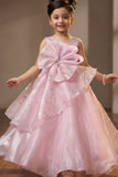 Girls Baby Pink Layered Party Wear Gown with Statement Bow