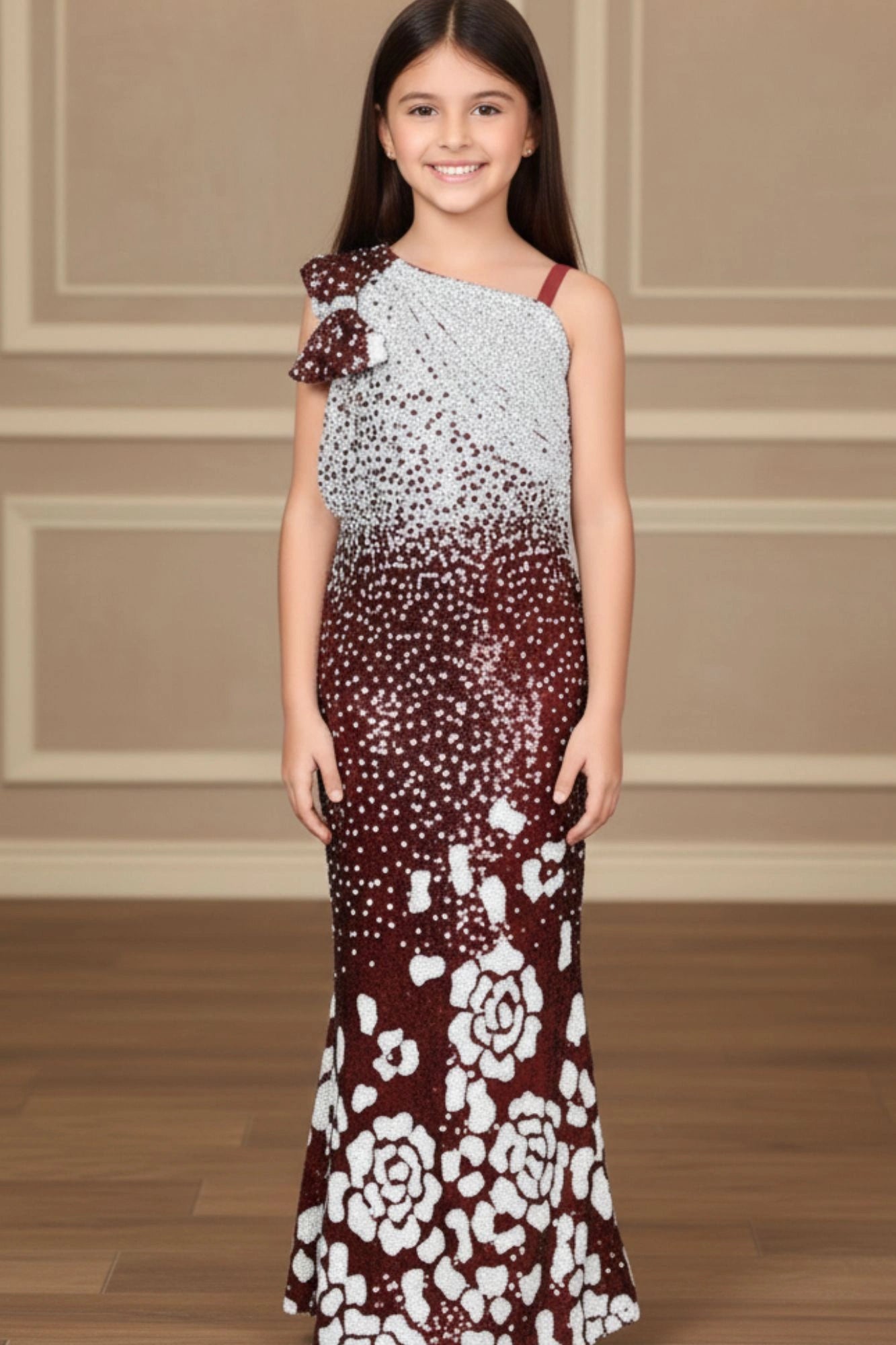 Ombré Maroon One-Shoulder Sequin Embellished Mermaid Gown For Girls